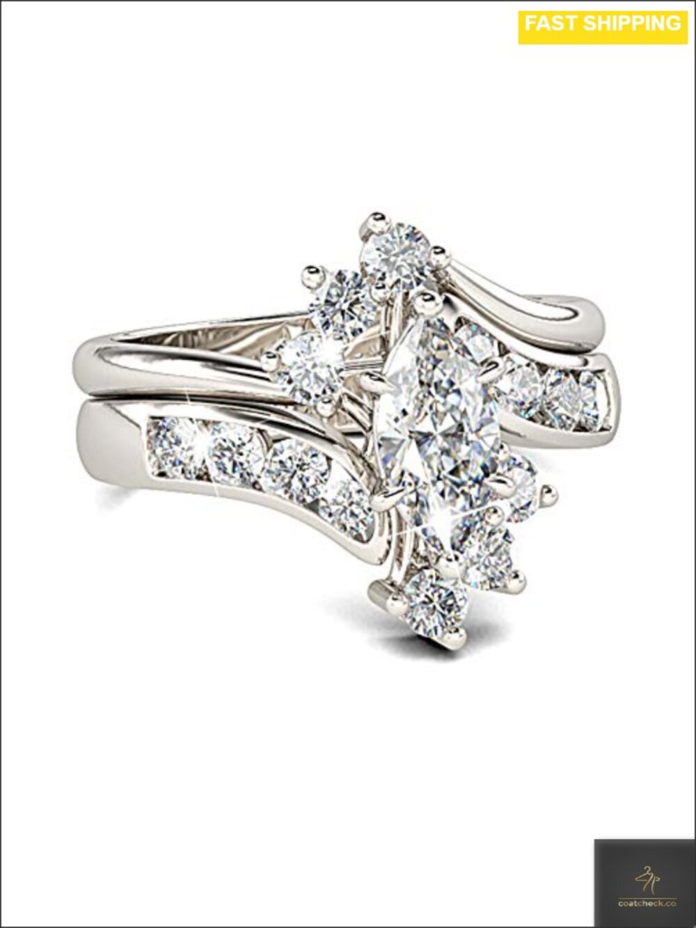Marquise Cut Sterling Silver Bridal Set Bypass Engagement Ring with Cubic